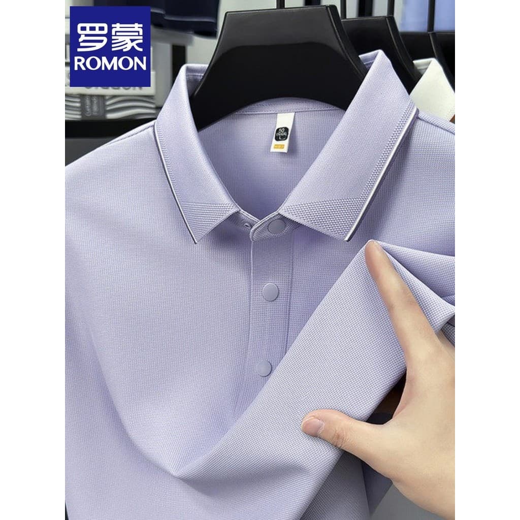 Lomon gelo seda legal sentimento sem costura de manga curta camiseta masculina verão cor sólida simples lapela brocado f