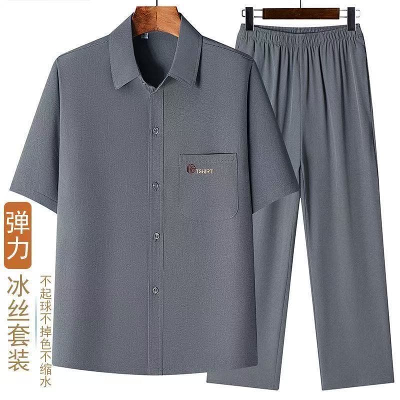 Camisa masculina de manga curta de seda gelo para idosos de meia-idade verão novo estilo pai terno verão vovô roupas fin