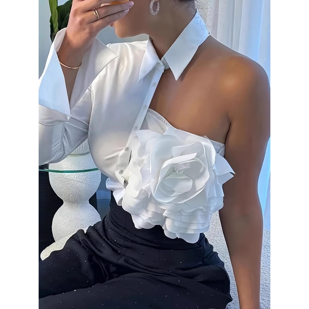 Camisa Feminina Exposta De Um Ombro Com Flores Tridimensionais Pele