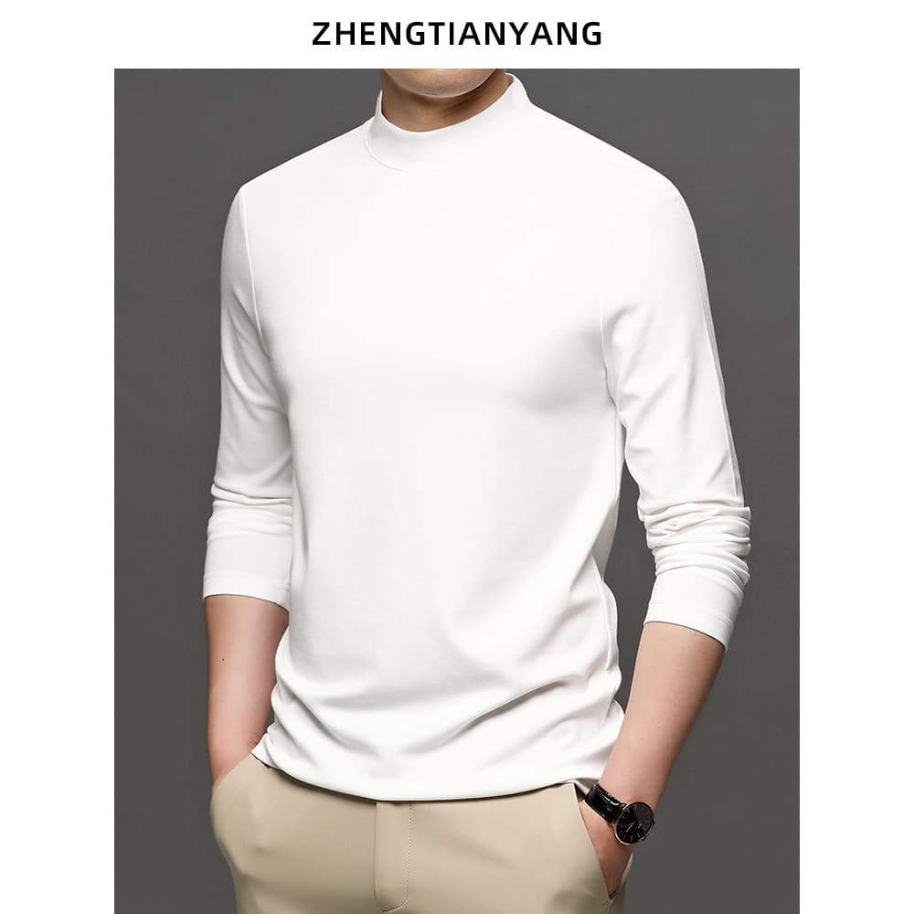 Camiseta masculina de manga comprida de seda amoreira gola meia alta Modal masculina primavera outono camiseta gola médi