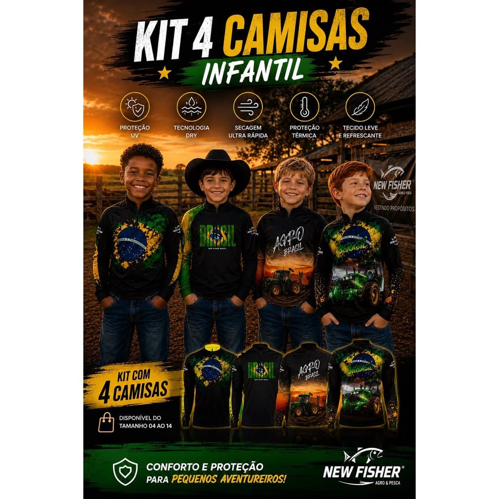 Kit 4 Camiseta Agro Gola Zíper Proteção Solar UV - INFANTIL