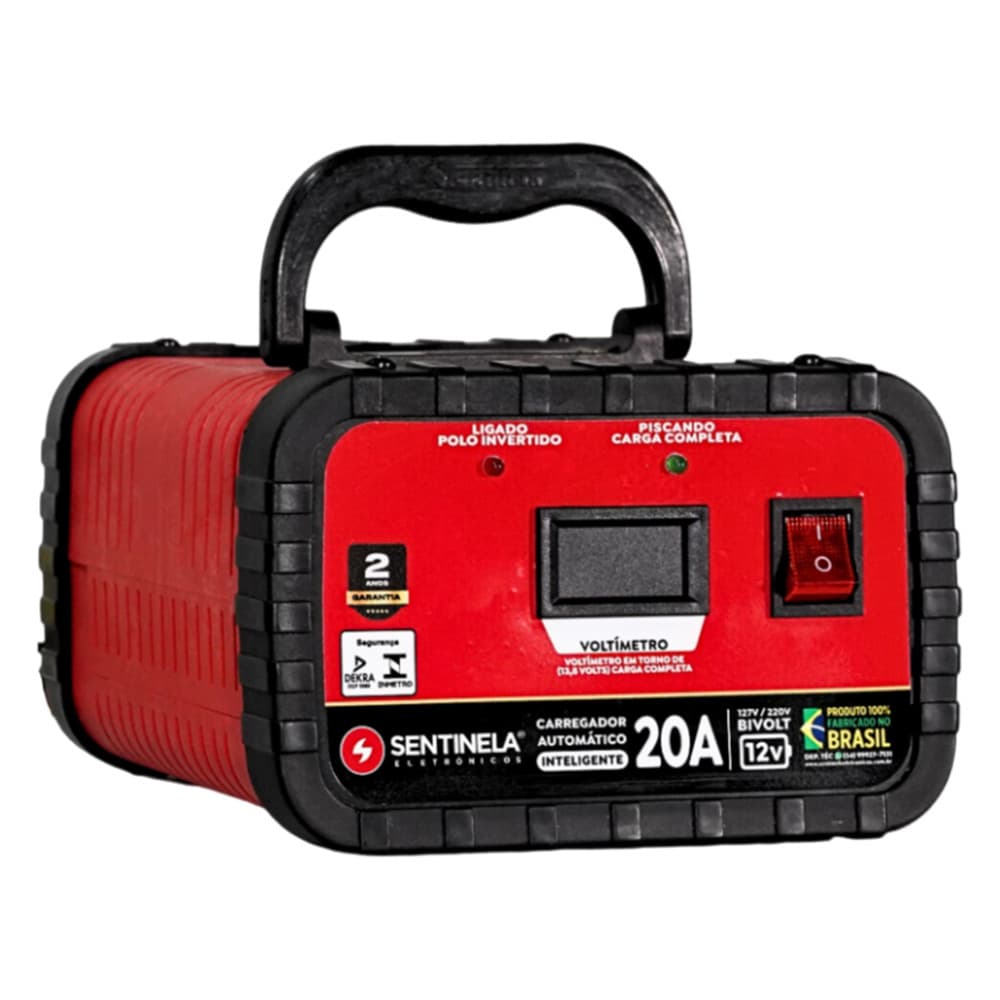 Carregador de Bateria 20A 12V Flutuante Automático Voltímetro Digital Auxiliar Partida Sentinela CV2012 (Bivolt)