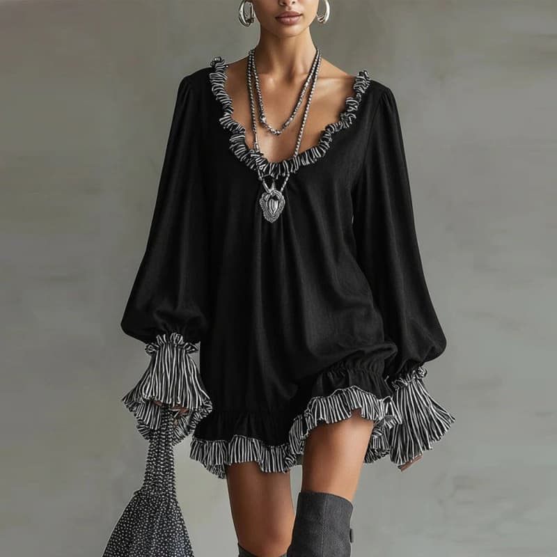 Cross-Border 2026 outono inverno estilo curto temperamento mais magro olhar vestido fungo borda preto saia Retro