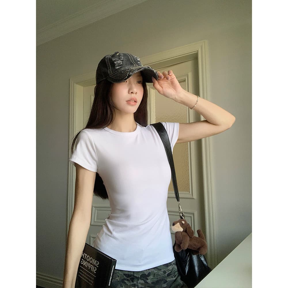 Simples branco de manga curta ombro camiseta feminina verão All-Match elástico de cintura estreita mais magro olhar quen