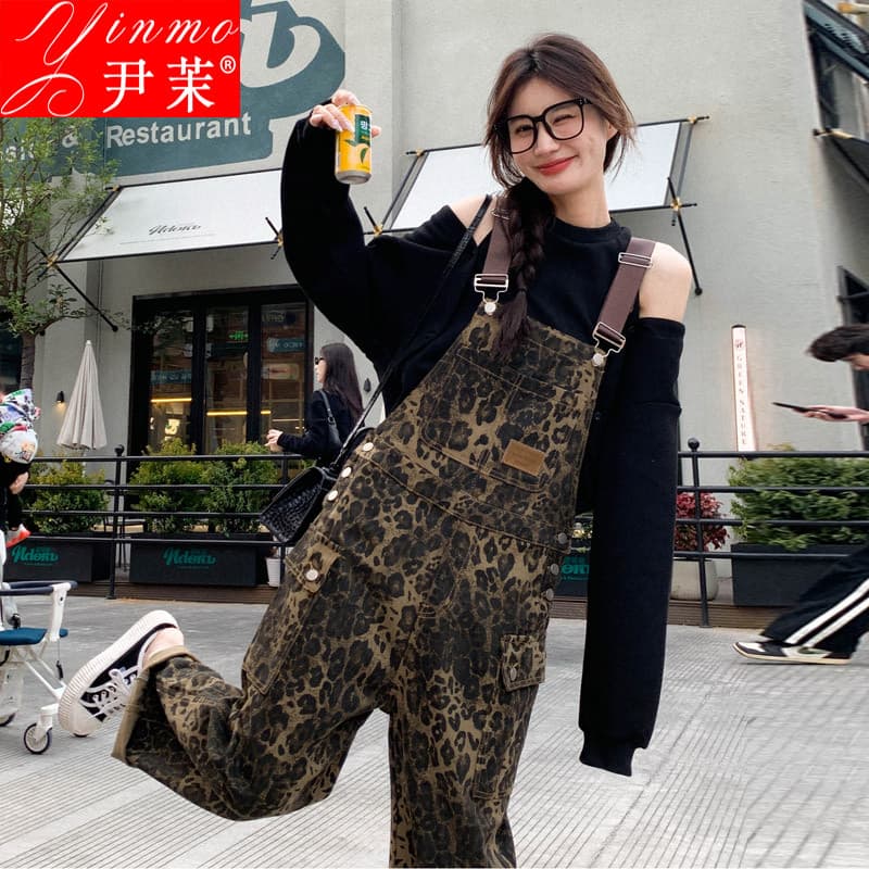 Americano Retro leopardo impressão macacão terno feminino primavera macacão Design nicho solto perna larga Denim macacão