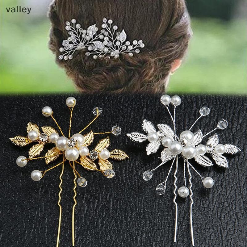 [VLY] Grampos De Cabelo Em Forma De U Da Moda , Folha , Pérola , Noiva , Joias De Casamento , Acessórios Para [BR]
