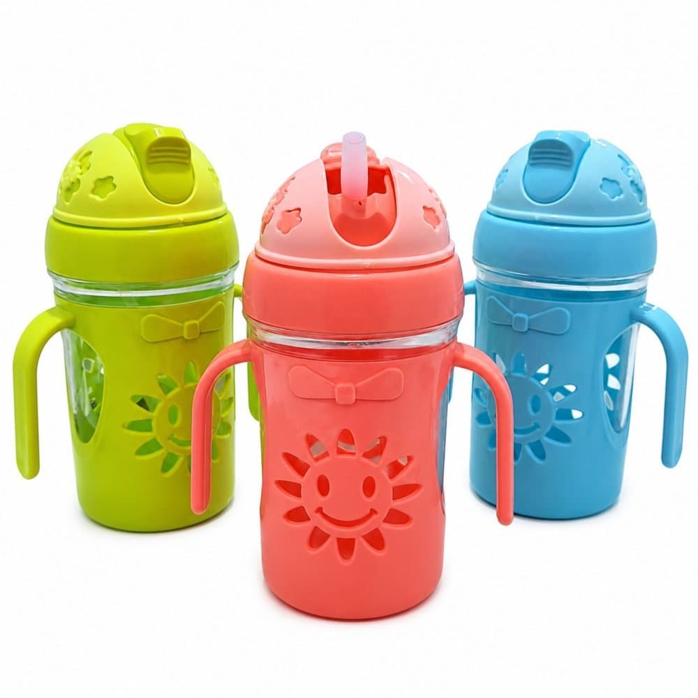 Copo Plástico Infantil Com Canudo e Alça 300ml Tampa Retrátil Anti Vazamento