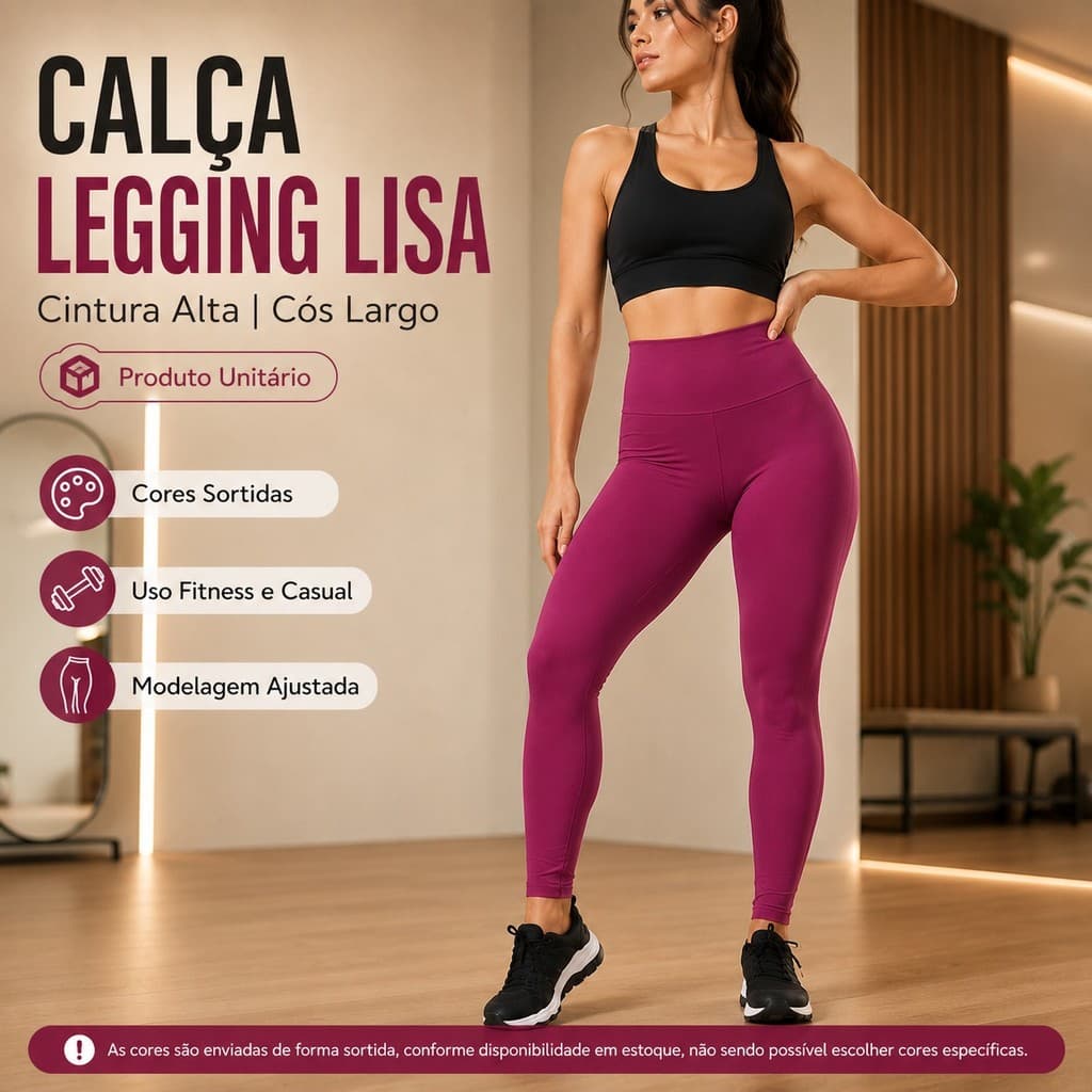 Legging Feminina Cintura Alta Lisa Cós Largo para Academia Caminhada Treino e Uso Diário Sortida