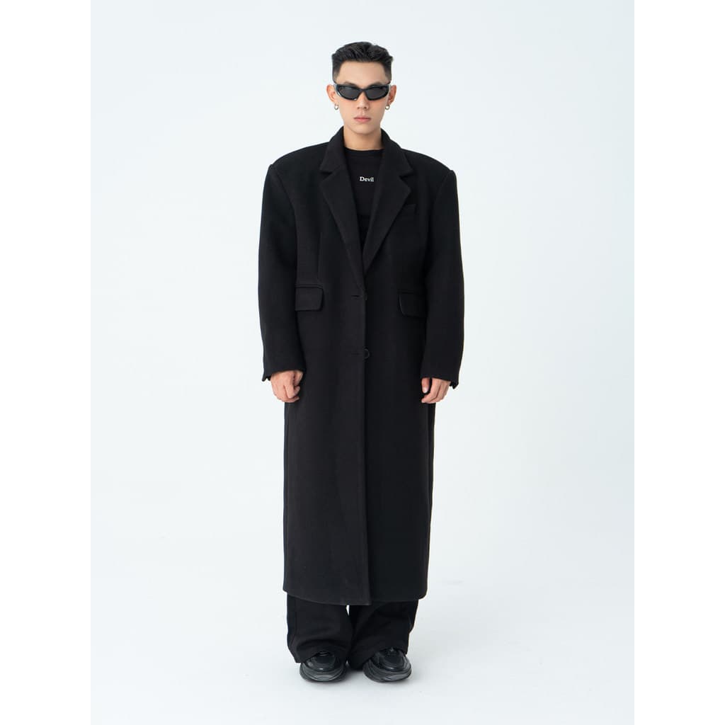 CLP preto café lã casaco longo blusão jaqueta ombro largo almofadas masculino solto Retro Drape High-End Casual na moda