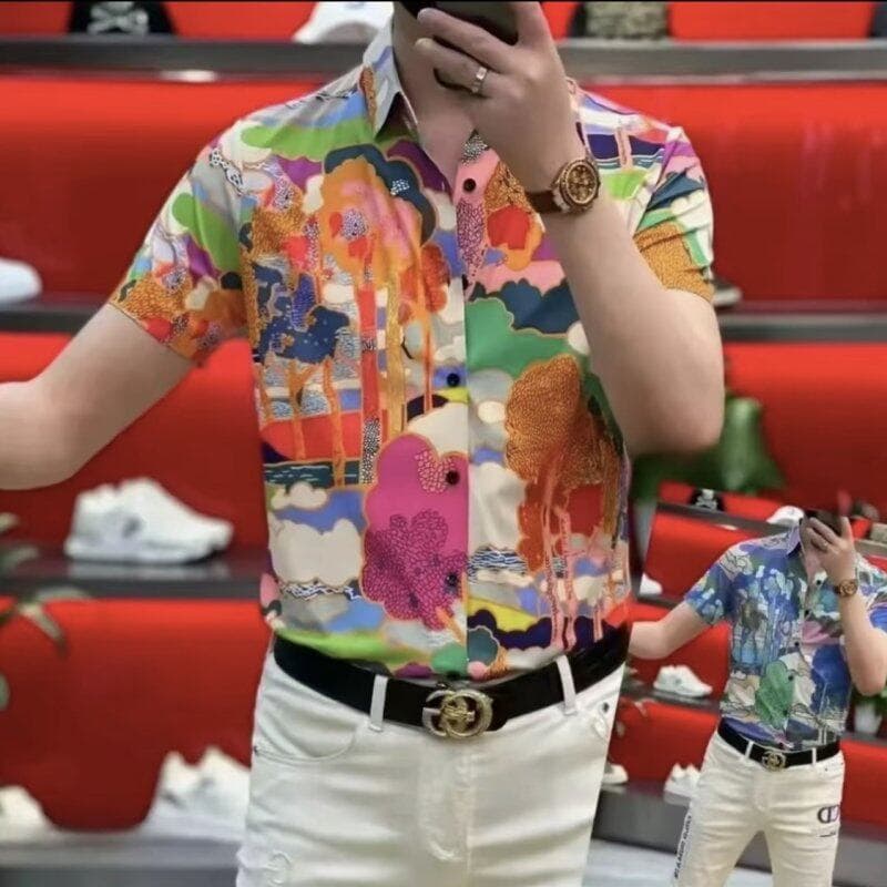 Estação Europeia Verão Novo Estilo Camisa Masculina Estilo Verão Moda Manga Curta Slim-Fit Camisa de Lapela Elástica Sem
