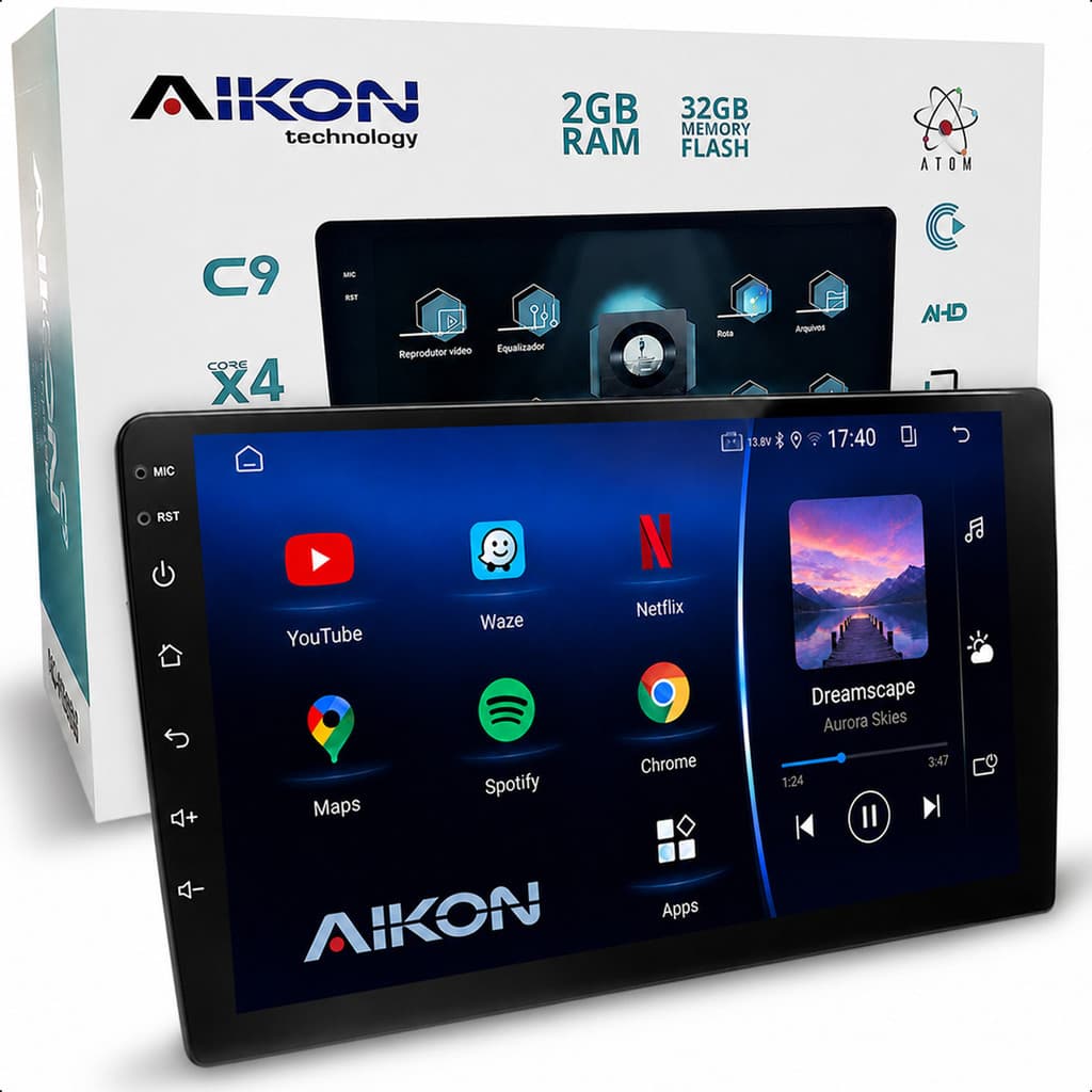 Multimidia Aikon Android 9 Polegadas 2/32 Carplay Sem Android Auto Sem Fio Wifi Bluetooth Carro Auto