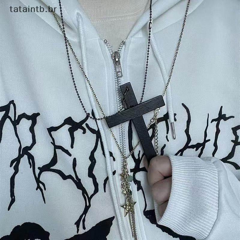 [Tatata] Trendy Cool Punk Gótico Madeira Cruz Pingente Nelace Para Mulheres Homens Vintage Hip Hop Festa Jóias Acessório