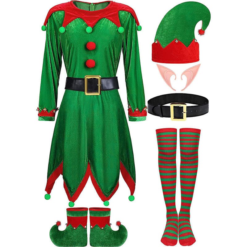 Fantasia de Natal para Mulheres Adultas e Conjuntos Combinando para Pais e Filhos, Cosplay/Orelhas de Elfo Fofas, Vestid