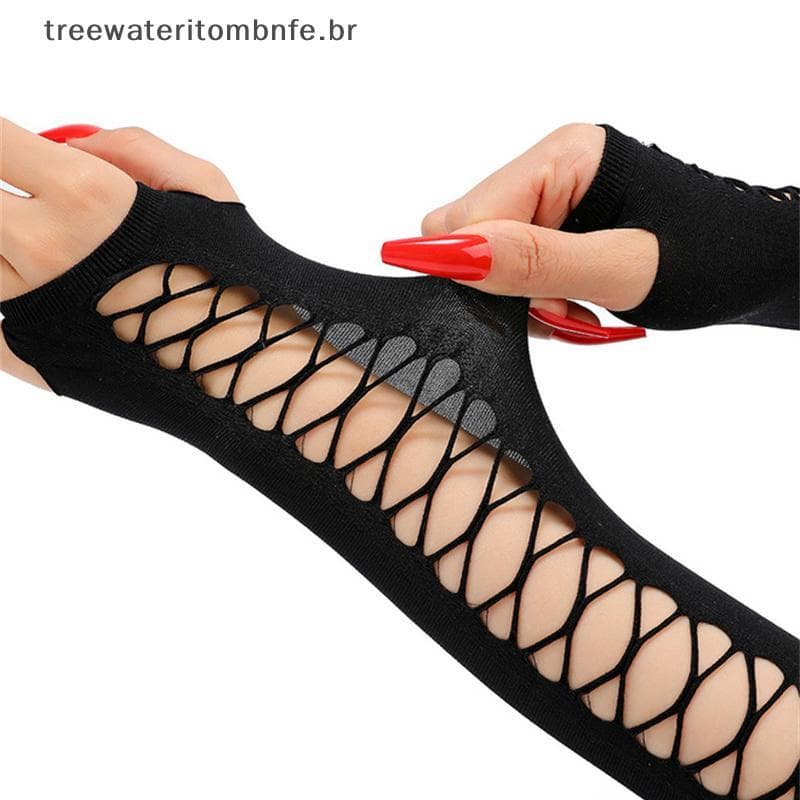 Festa Do Vintage Cosplay Malha Estiramento Luvas Boate Dança Meio Dedo Diversão Fishnet Femininas Longo Buraco Quebrado