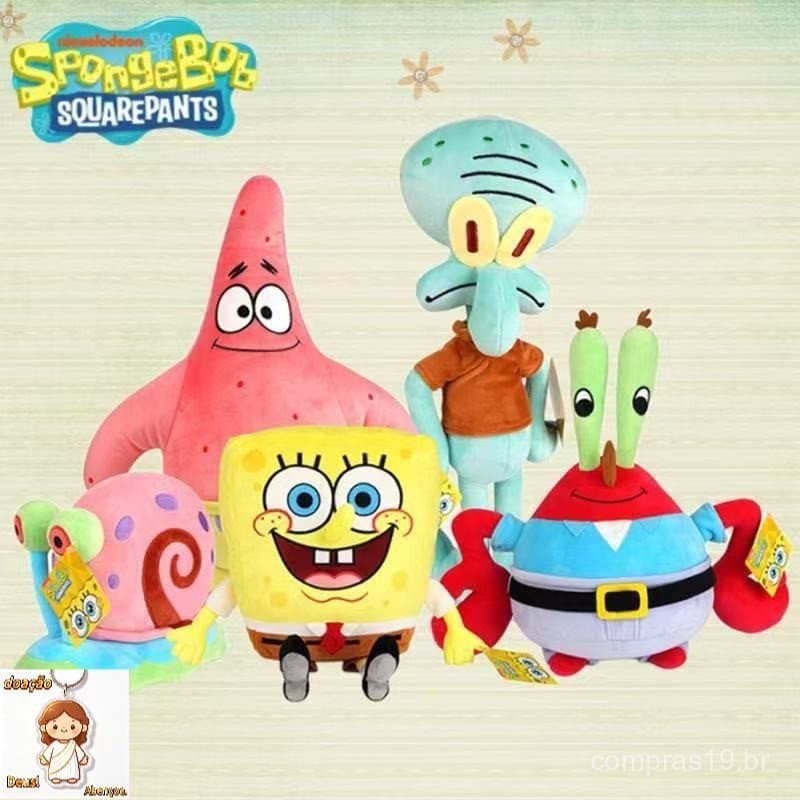 Pelúcia Bob Esponja 25cm – Patrick, Gary e Sr. Sirigueijo | Brinquedo Fofo de Desenho Infantil