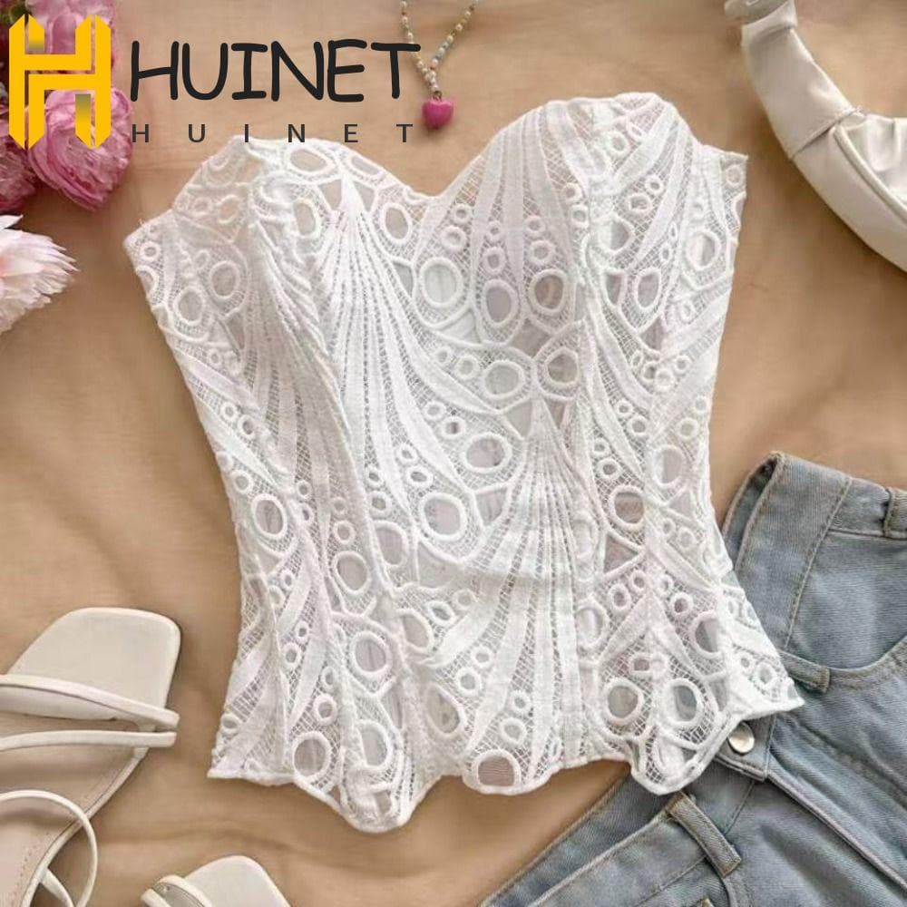 HUINET Shapewear De Espinha De Peixe De Renda , Roupa Íntima De Flor Oca Sem Mangas Para Mulheres , Top Tubo De Corte Ju