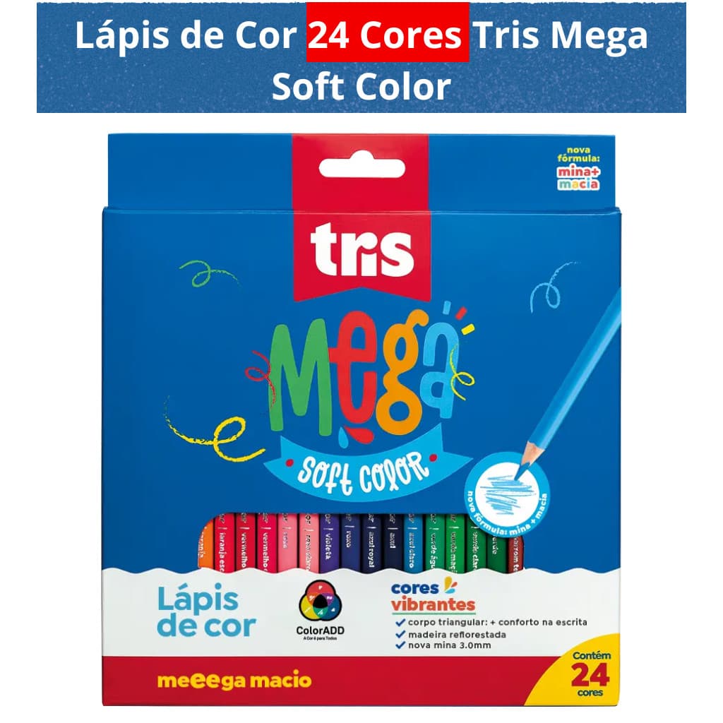 Lápis de Cor 24 Cores Tris Super Soft Macio Alta Qualidade Fácil de Apontar  Cores Vibrantes