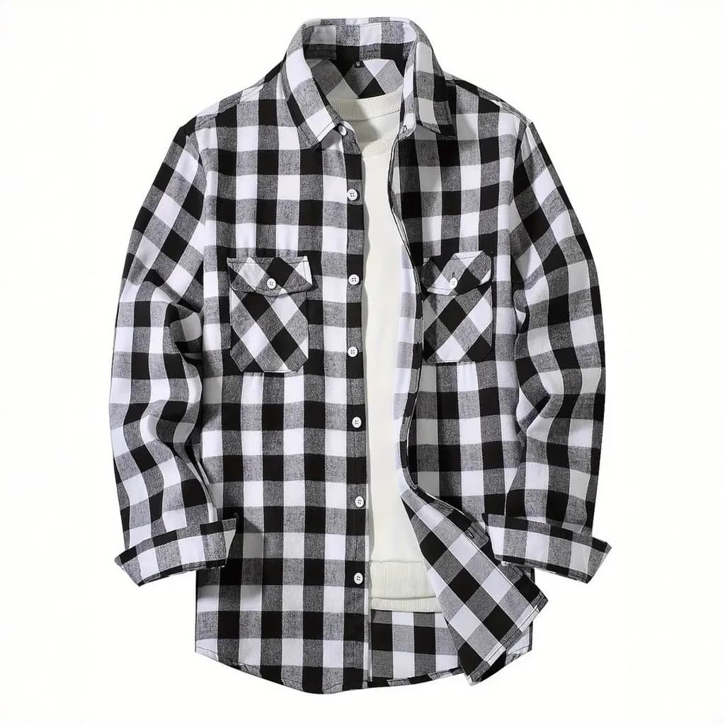 Nova camisa de manga comprida xadrez para comércio exterior, tamanho europeu, camisa com bolso duplo e gola dobrável, ca