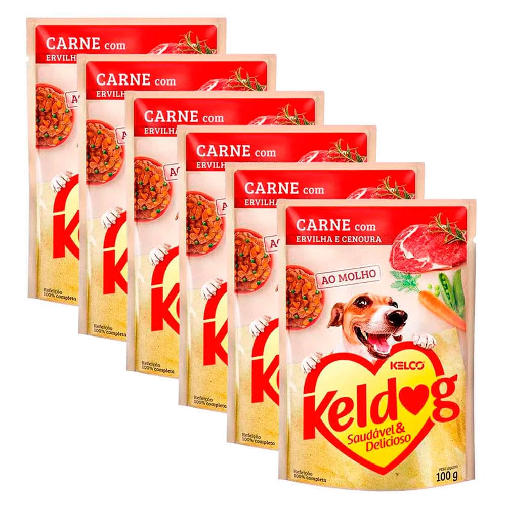Kit 6 Ração Úmida para Cachorro Keldog Sabor Carne com Ervilha e Cenoura em Sachê 100g