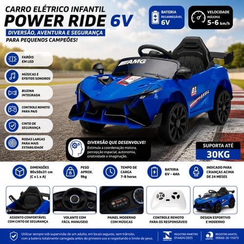 Carro Eletrico Infantil Potente 6v Power Ride Diversao Seguranca Azul