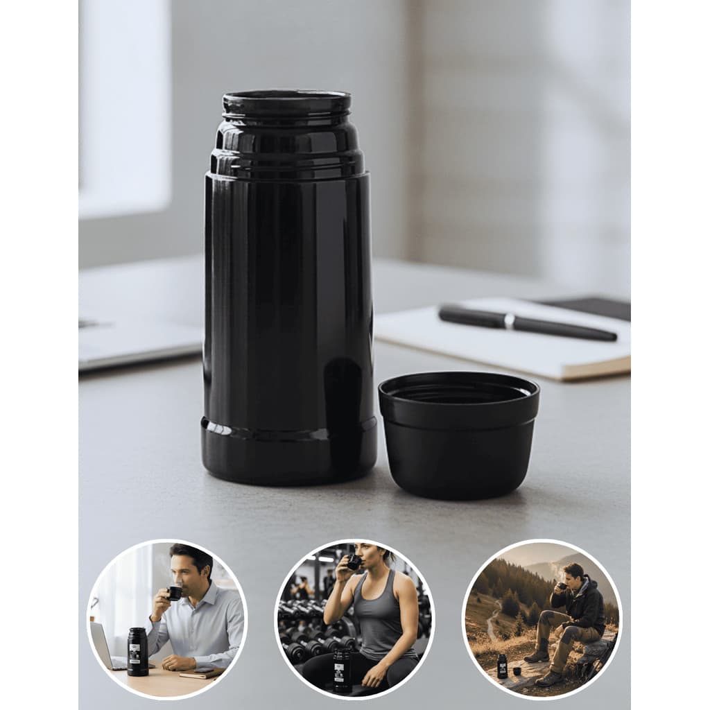 Garrafa Térmica Mini Pequena Portátil Preta 250ml Ampola de Vidro Tampa Copo Café Chá Mor