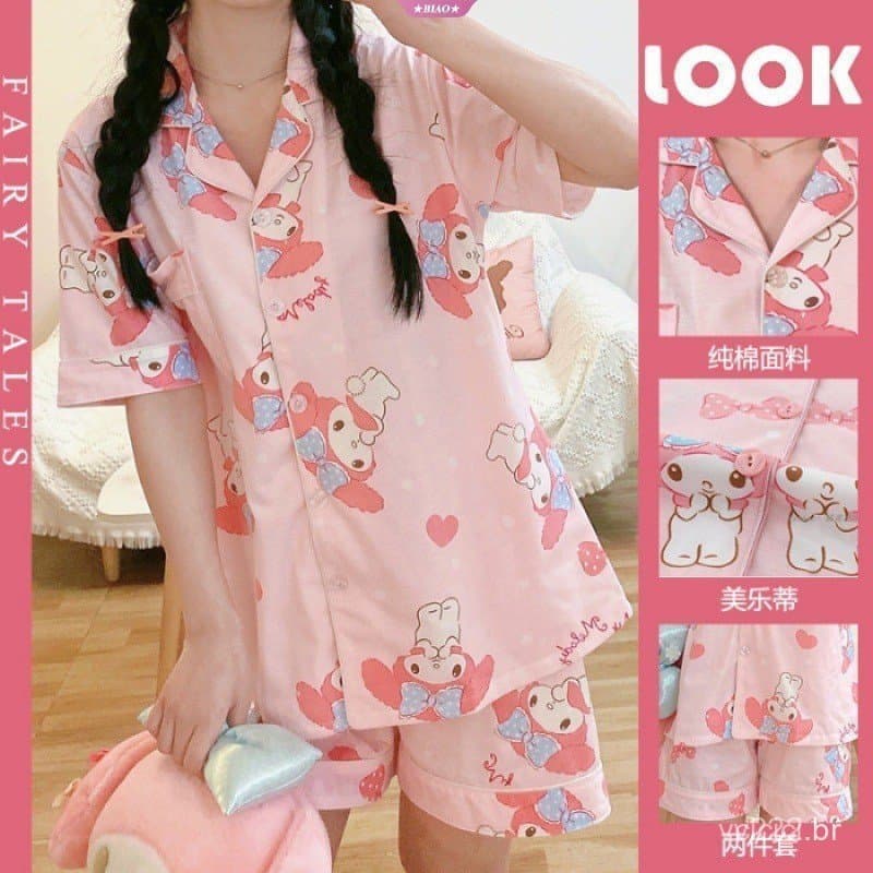 Pijamas Fofos da Sanrio para Meninas, Hello Kitty, Kuromi, My Melody, Conjunto de Verão com Estampa de Desenho Animado,