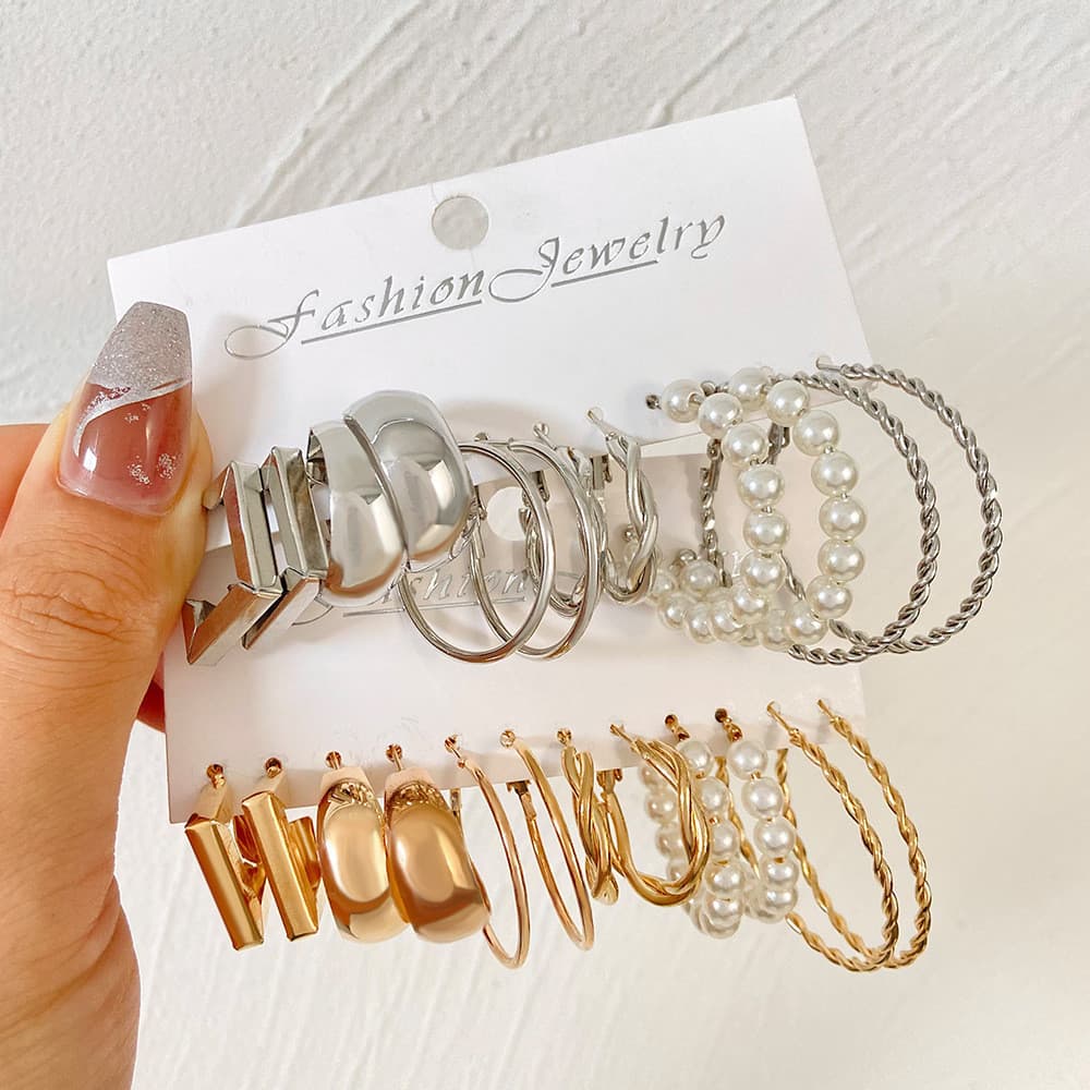 Conjunto de brincos geométricos europeus americanos combinação ins Retro moda criativa brincos de pérola de Metal conjun