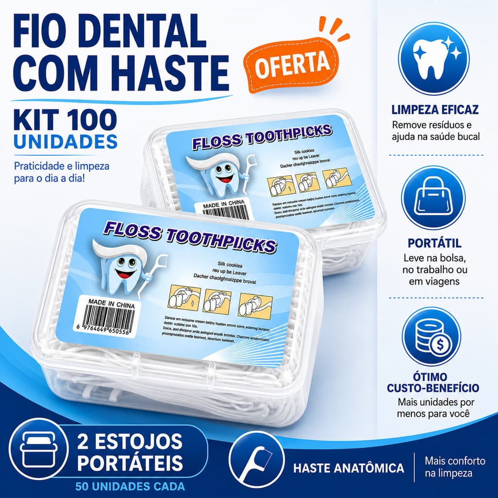 Kit Fio Dental com Haste Estojo Portátil Econômico Higiene Bucal 100 150 200 250 300 350 Unidades