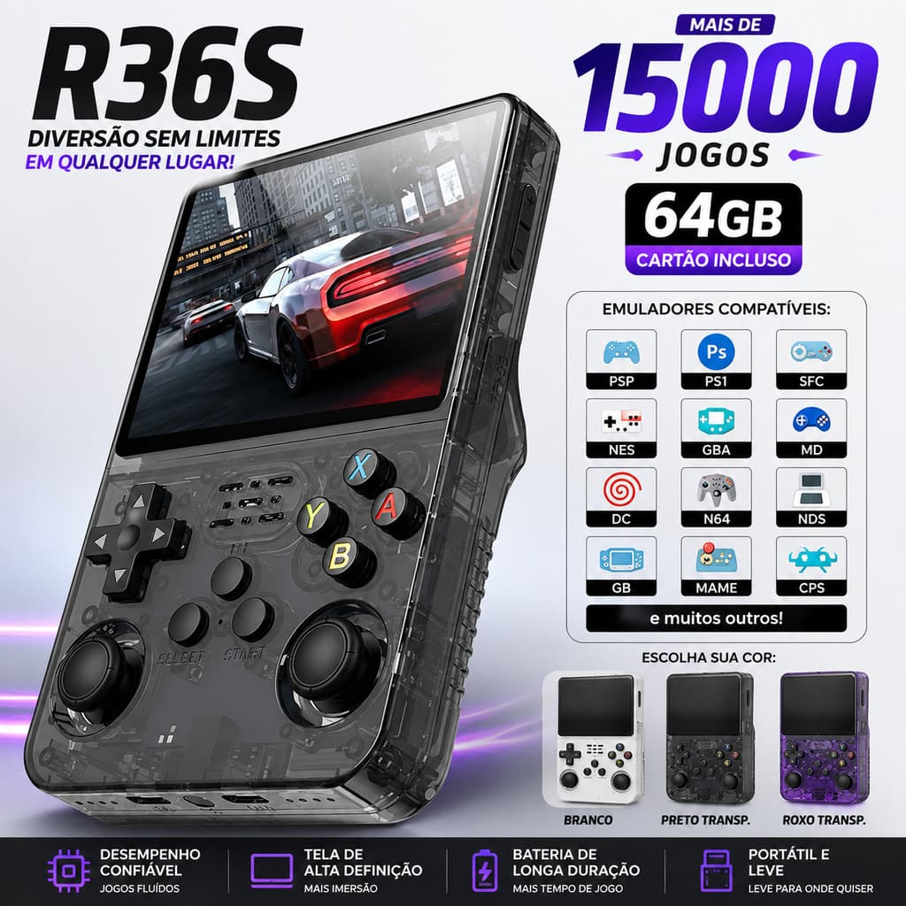 Console Portátil R36S + de 15.000 Jogos Vídeo Game 64g Linux Tela IPS 3.5 Polegadas