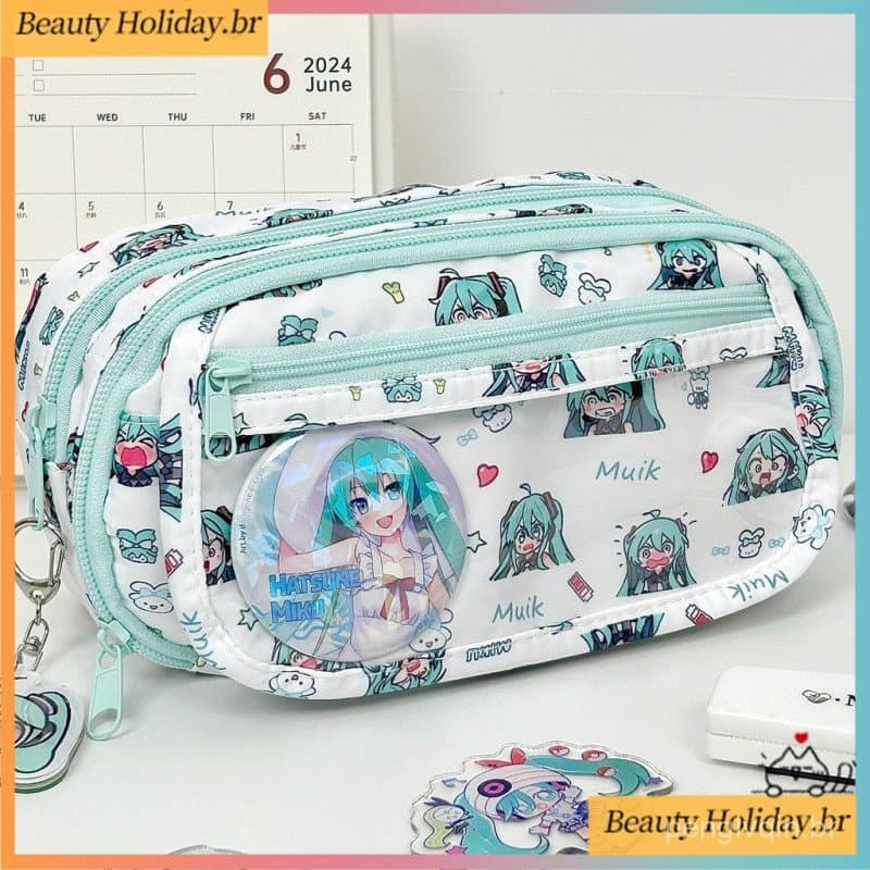 Hatsune Miku Haikyuu! Estojo de Lona Transparente de Grande Capacidade para Canetas, Ideal para Estudo e Armazenamento T