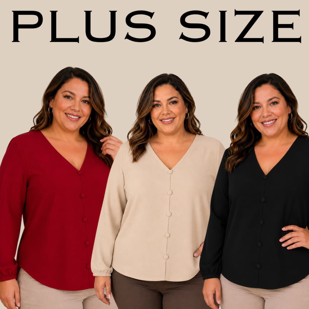 Blusa Plus Size Feminina Manga Longa Botões Encapados Casual Chic Elegante M ao G3