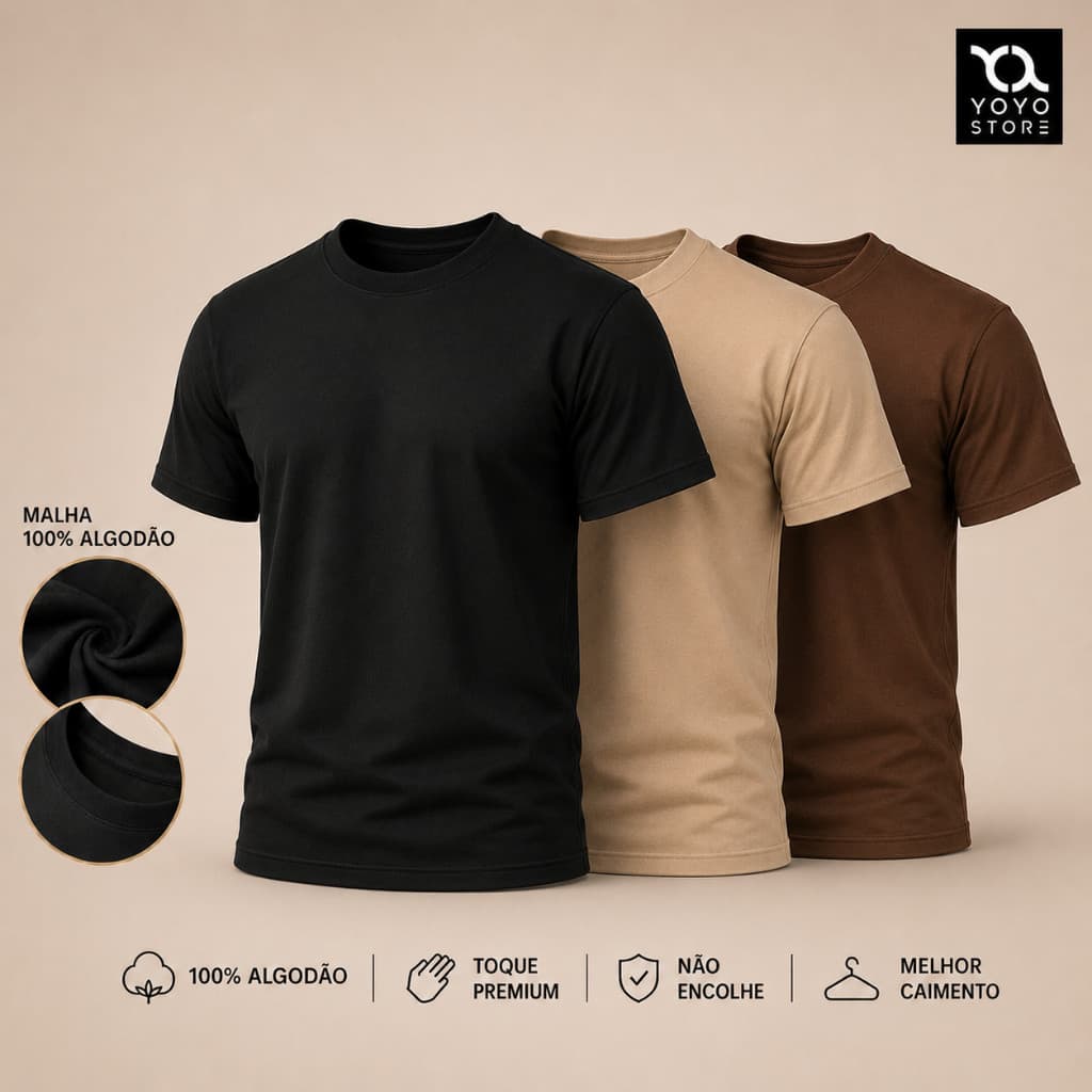 Kit 3 Camisetas Básicas Conforto 100% algodão Premium Kit Camisa Dia a Dia Várias Cores Gola Redonda