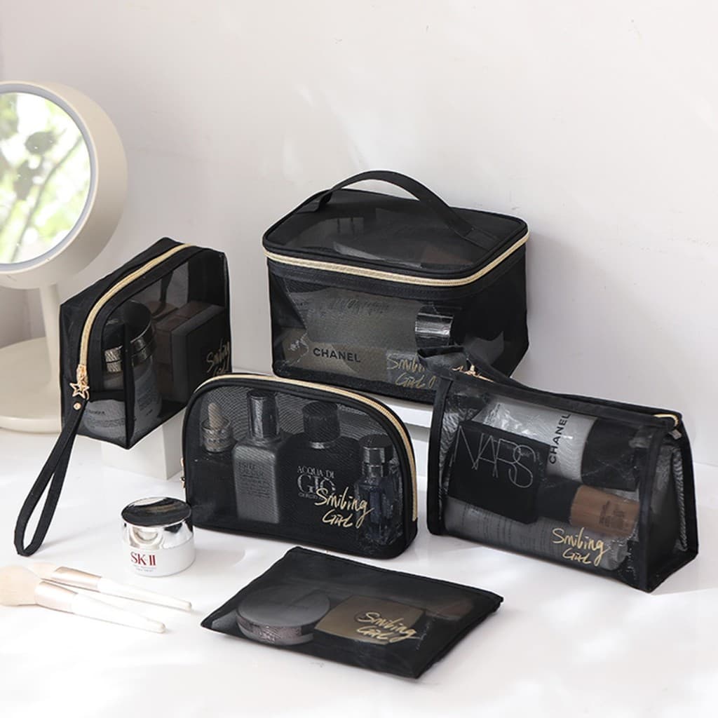 5 Pçs/set Malha Sacos De Maquiagem Preto Saco De Cosméticos Portátil Zíper Bolsas Washbag