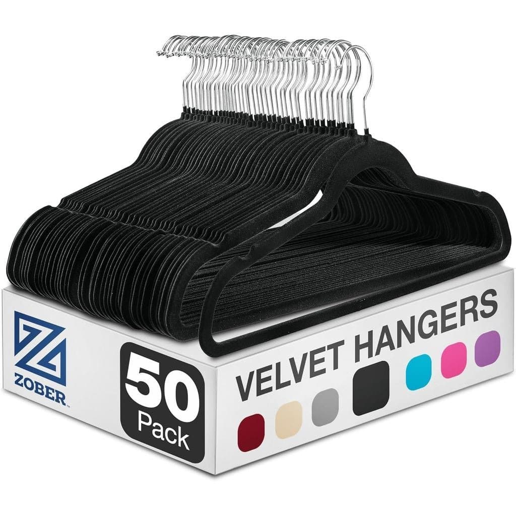 Cabides de Veludo Preto ZOBER, Pacote com 50 - Cabides para Roupas, Cabides para Calças e Vestidos - Antiderrapantes com
