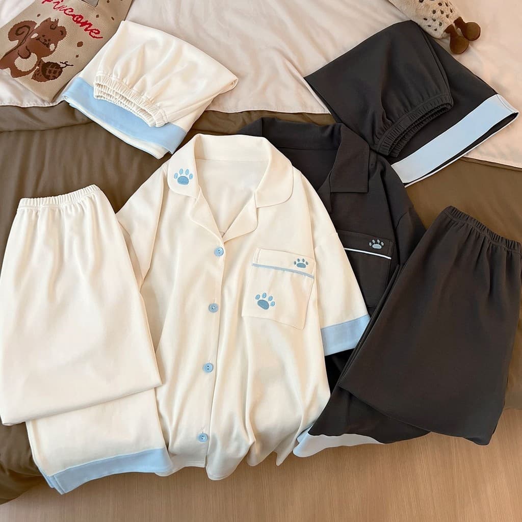 Bonito pegadas nuvem algodão casal pijamas conjunto de três peças verão Cardigan um masculino uma mulher pode usar fora