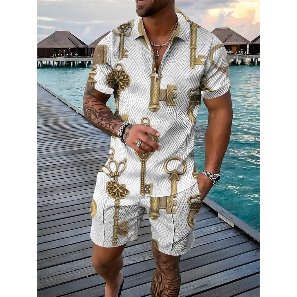 Conjunto de Roupas Masculinas de Verão, Camisa Polo de Manga Curta, Estampa de Cadeia Luxuosa, 2 Peças, Traje Casual, St