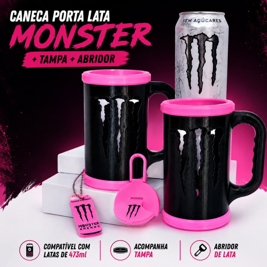 Caneca Porta Lata Monster  Neon Rosa Kit Chaveiro E Sem Nome Personalizada+Tampa+Abridor Brinde Chaveiro