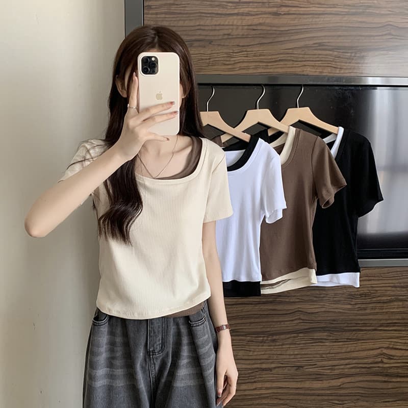 [Produtos prontos para entrega no mesmo dia] Damasco Slim-fit Slimmer Look Falso Camiseta de manga curta de duas peças f