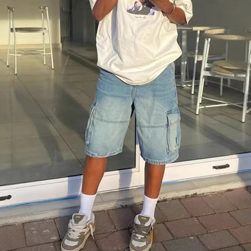 Shorts soltos jeans masculinos moda de rua macacão jeans reto cinco pontos