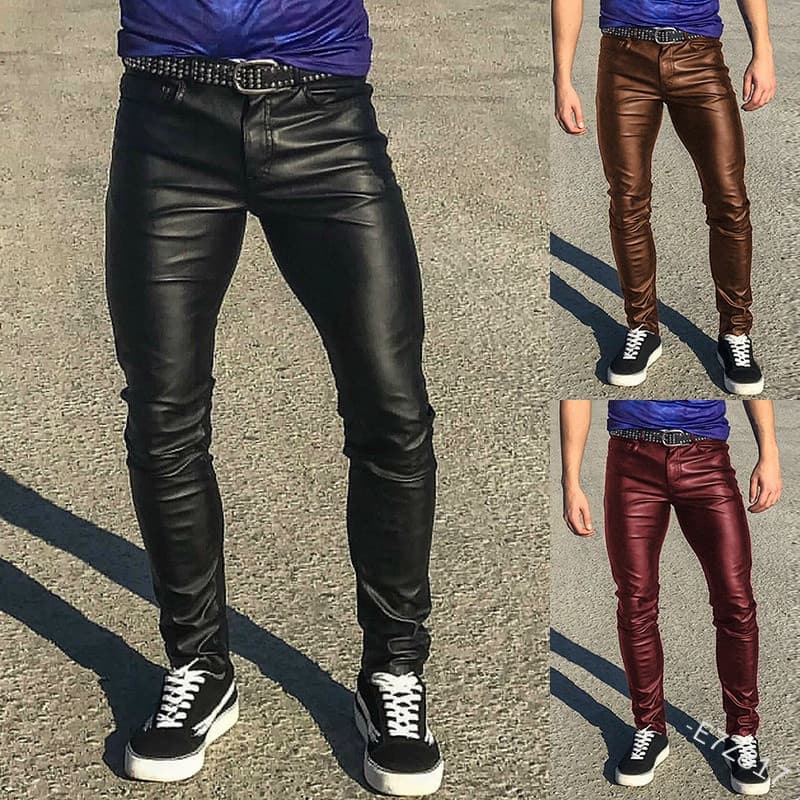 Calças Masculinas de Couro PU Tamanho Grande P-5gg Moda Casual Slim Elásticas Primavera Outono 0671