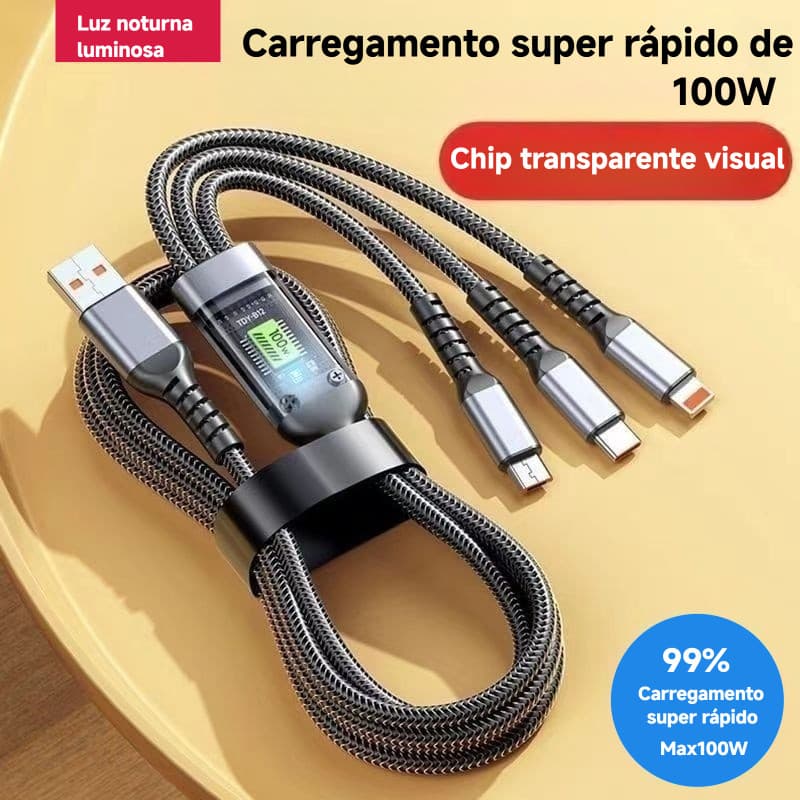 Cartão médio transparente transparente transparente 100W carga rápida um para três cabos de dados três em um carga rápid