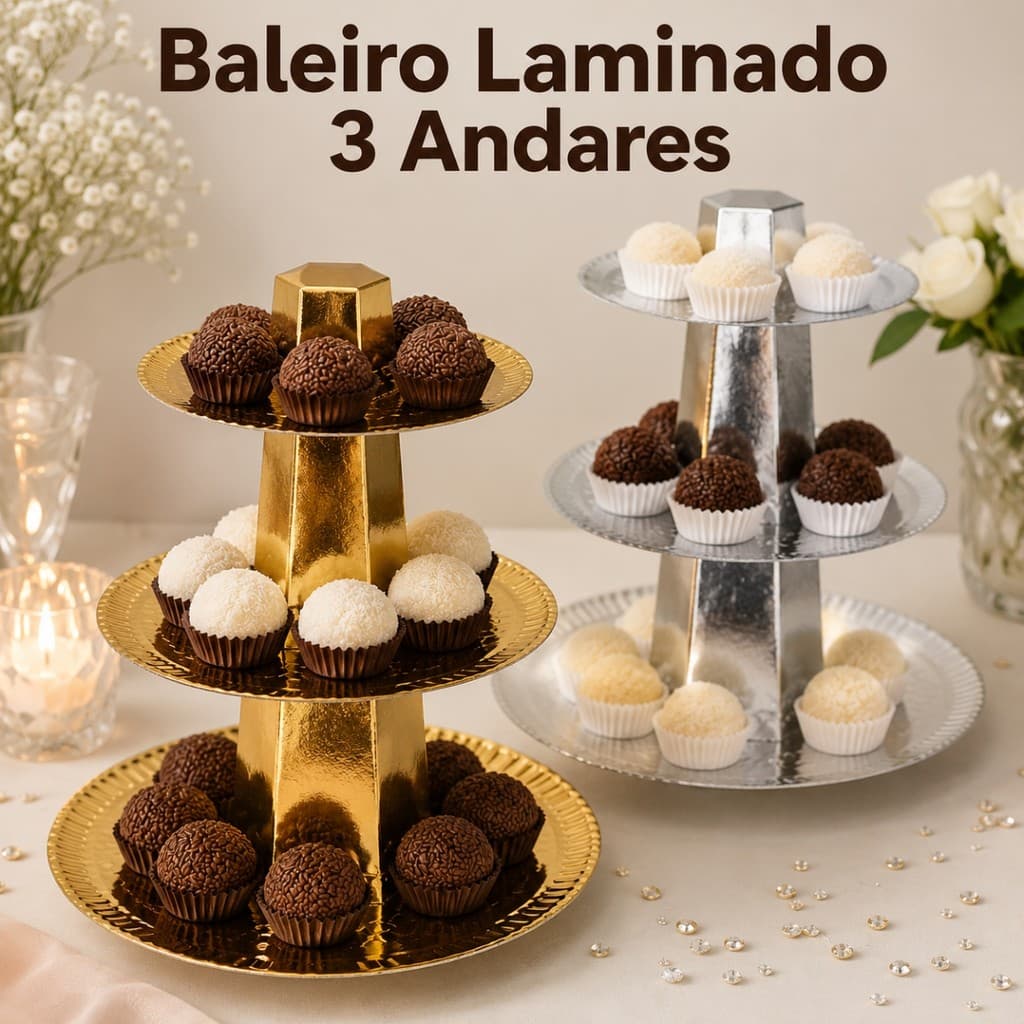 Baleiro Para Doces 3 Andares Laminado Dourado Prata Bomboniere Lembrancinha Decoração De Festa Luxo