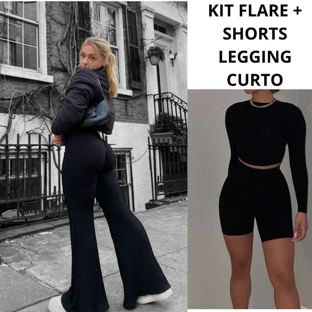 Kit 2 SHORTS + CALCA LEGGING FLARE Calça Leg Feminina Legging Flare Boca de Sino Bailarina Academia Levanta Bumbum