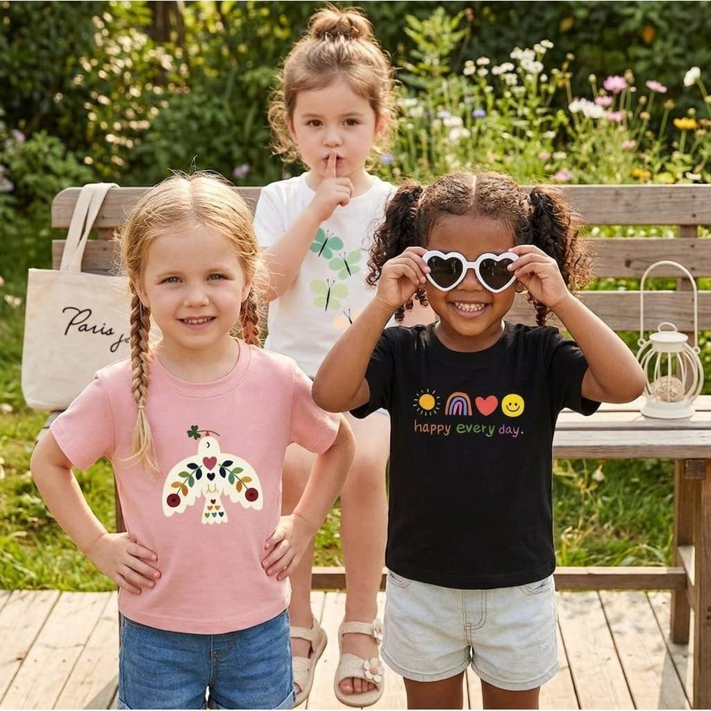 Kit 3 Camiseta Kids Básica Verão Borboleta Sorriso Minimalista Lançamento 100% Algodão