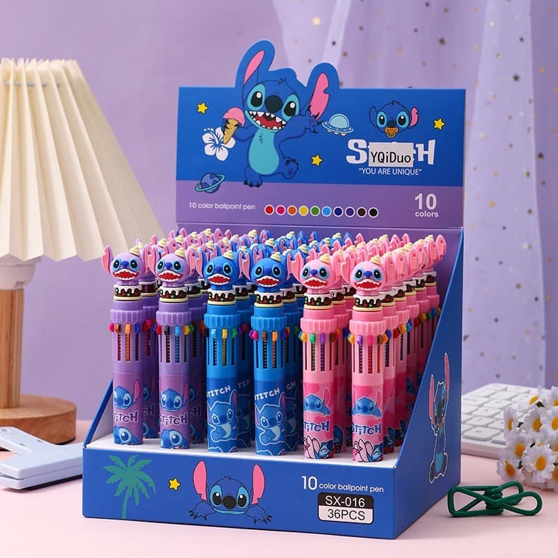 Ki de 3 Peças Caneta Esferográfica de Dez Cores com Desenho Stitch 10 Cores