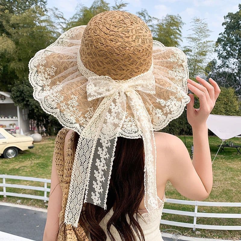 Estilo de férias renda grande borda chapéu de palha feminino arco fita sol verão menina coração protetor solar chapéu de