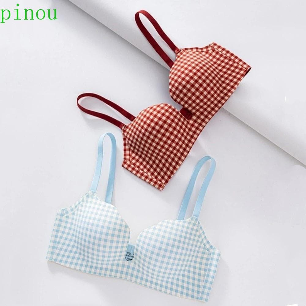Sutiã Xadrez Sem Fio PINOU , Com Padrão De Grade Rastros Para Mulheres , Roupa Íntima Push Up Borda Ondulada Profunda