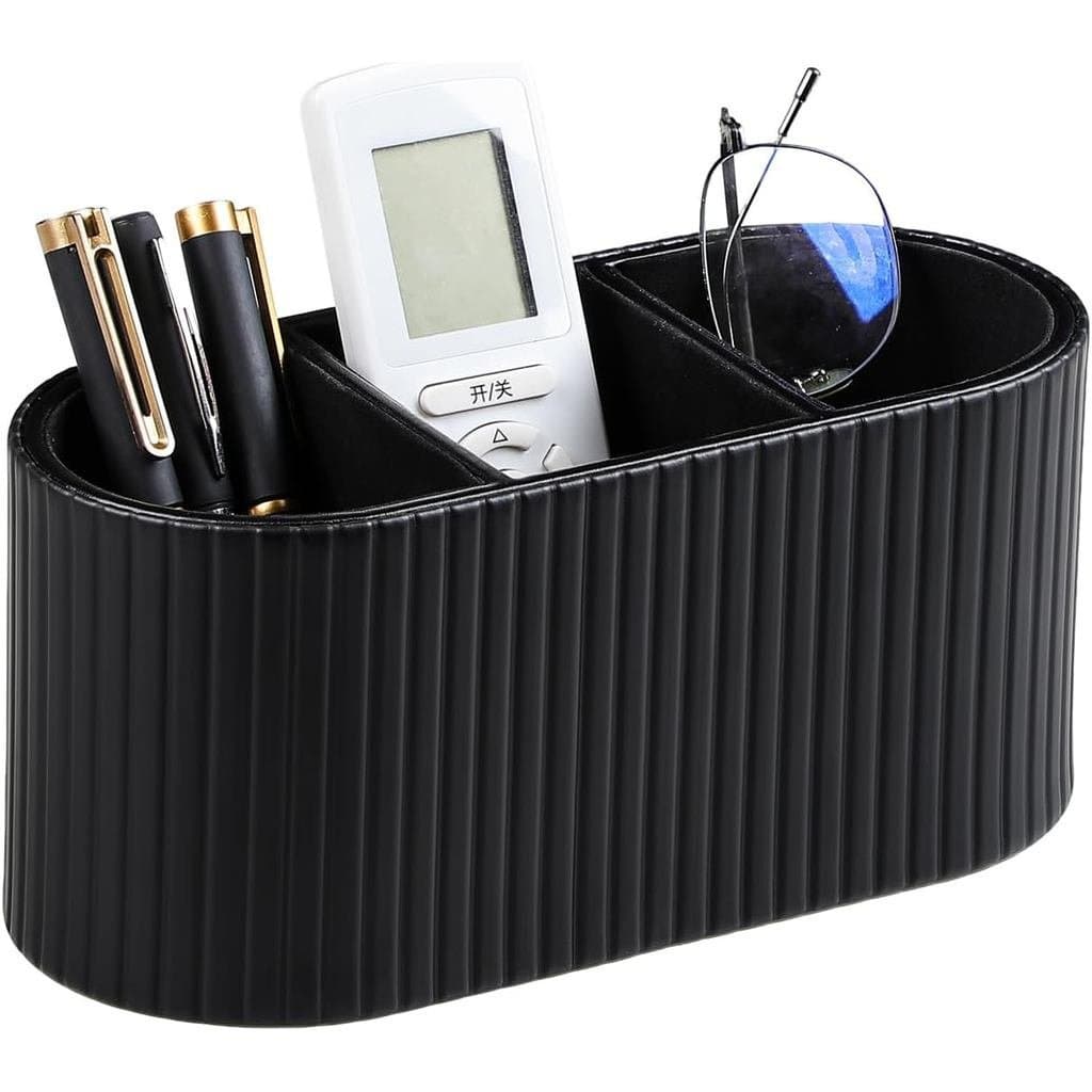 Porta-canetas oval para mesa, suporte para controle remoto com 3 compartimentos, organizador de mesa pequeno em couro PU