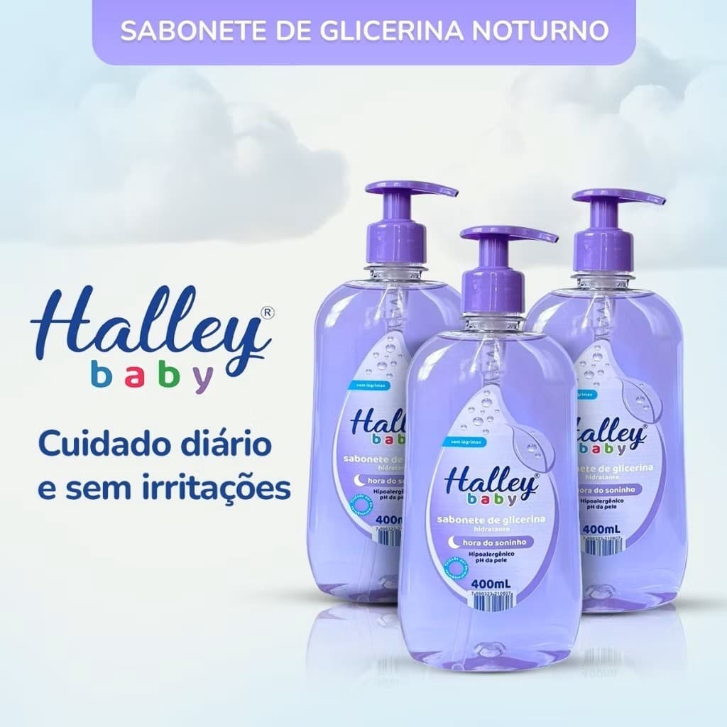 Halley Baby Kit 3 Sabonetes de Glicerina Hidratantes Hora do Soninho com 400ml cada bebê calmo sono