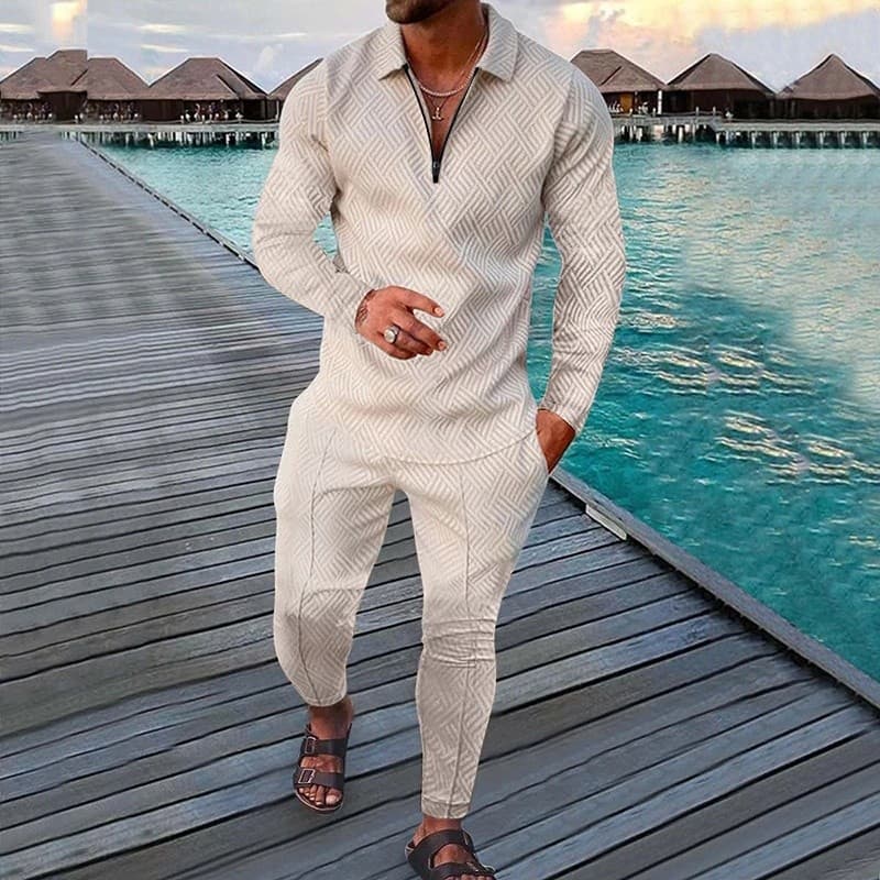 Novo Conjunto de Polo Masculino de Outono, Cor Sólida, Esportivo, com Estampa em Tela, Estilo Streetwear, Manga Longa e